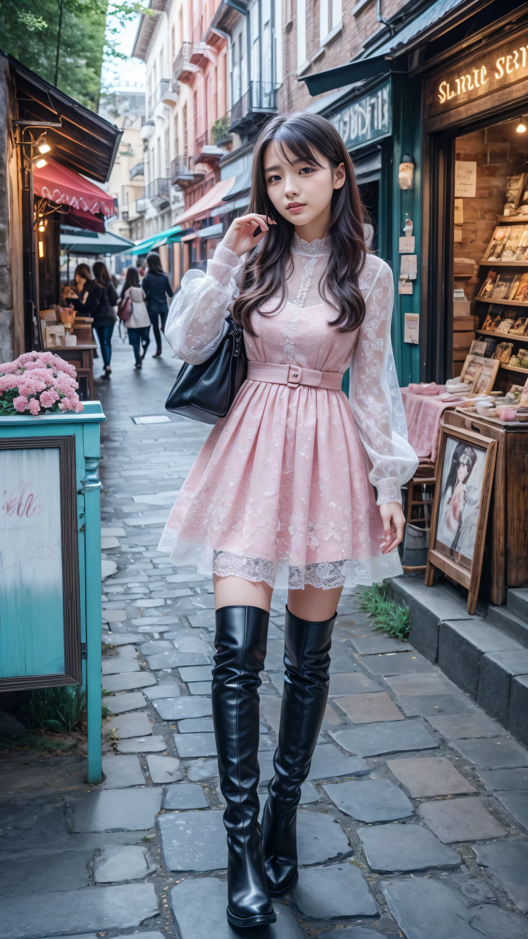 Realistic,(photorealistic Realism),((high resolution)),((intricately detailed digital art)),(best quality),(realistic texture details: perfect skin, smooth skin),(professional photography)、 beautiful girl 、very cute angel、 pink gothic dress 、 cute、、smile、 long skirt、 Black Long Boots 、 grey pink pants ,Turquoise Eye, cute female ,street, Candy Store , sign,European Buildings,Slate pavement,Rose flower,