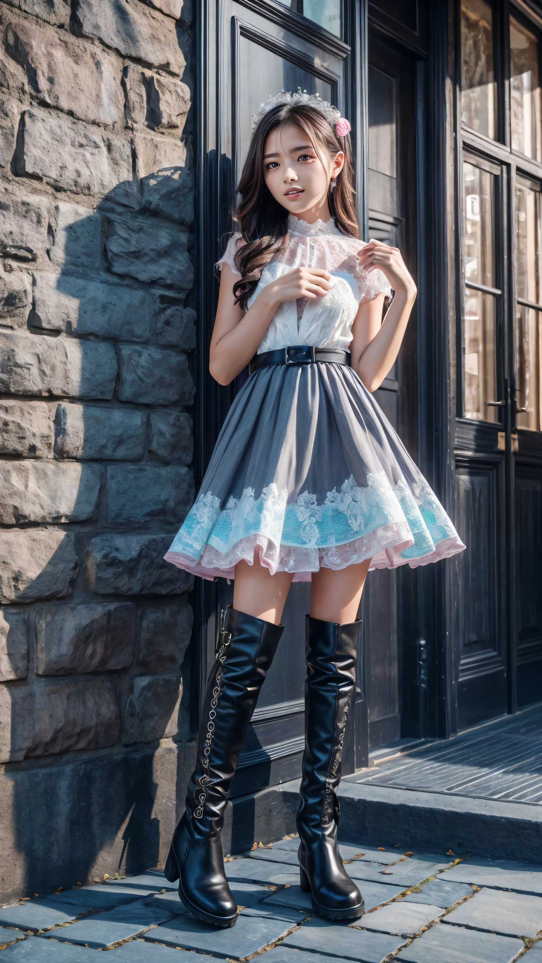 Realistic,(photorealistic Realism),((high resolution)),((intricately detailed digital art)),(best quality),(realistic texture details: perfect skin, smooth skin),(professional photography)、 beautiful girl 、very cute angel、 pink gothic dress 、 cute、、smile、 long skirt、 Black Long Boots 、 grey pink pants ,Turquoise Eye, cute female ,street, Candy Store , sign,European Buildings,Slate pavement,Rose flower,