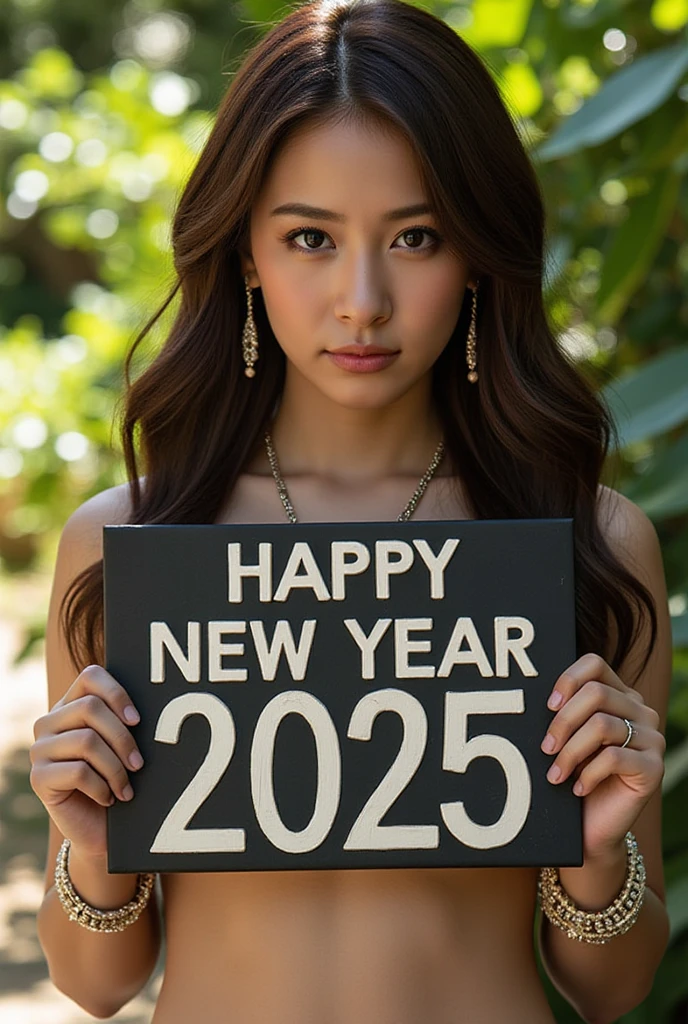 masterpiece,best quality,(detailed face, perfect face, perfect eyes, realistic eyes, perfect fingers),(clear face),fantasy girl,long hair,jewelry,earrings,looking at viewer,intricate,high detail,sharp focus,dramatic,beautiful girl,knees up,standing, outdoors, necklace,(((holding a sign that says "happy new year 2025")))