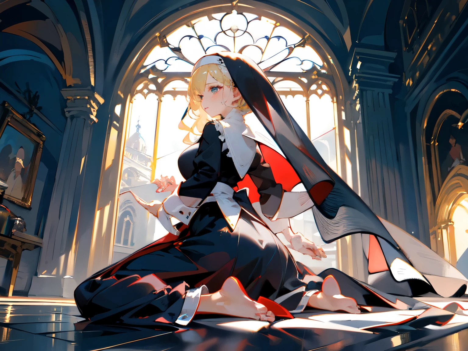 ((master piece)), best quality, (8k, best quality, masterpiece:1.2), ultra-detailed, illustration, female, nun, beauty, perfect face, perfect hair, veil, waist, blonde, sensual, indoor, fullbody, Baroque, Backlighting, God Rays, High Resolution, HD, Best Quality, Super Detailed, UHD, Retina