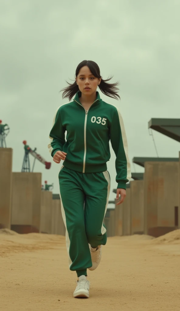 A full-body shot of a woman like jenna ortega running directly toward the viewer in a highly cinematic and intense scene inspired by Squid Game. She is wearing the iconic green tracksuit with only one white stripe on the sleeves and legs. The tracksuit has the number '035' printed in white on the left side of her chest. She has a determined and slightly desperate expression on her face, her hair bouncing as she runs. The background depicts a dusty, dystopian arena under an overcast sky, with large, surreal playground elements in the distance (like a giant slide and a swing set) and towering concrete walls with faint red markings. The lighting is soft, with a slight sepia tone, enhancing the tension and atmosphere of the scene