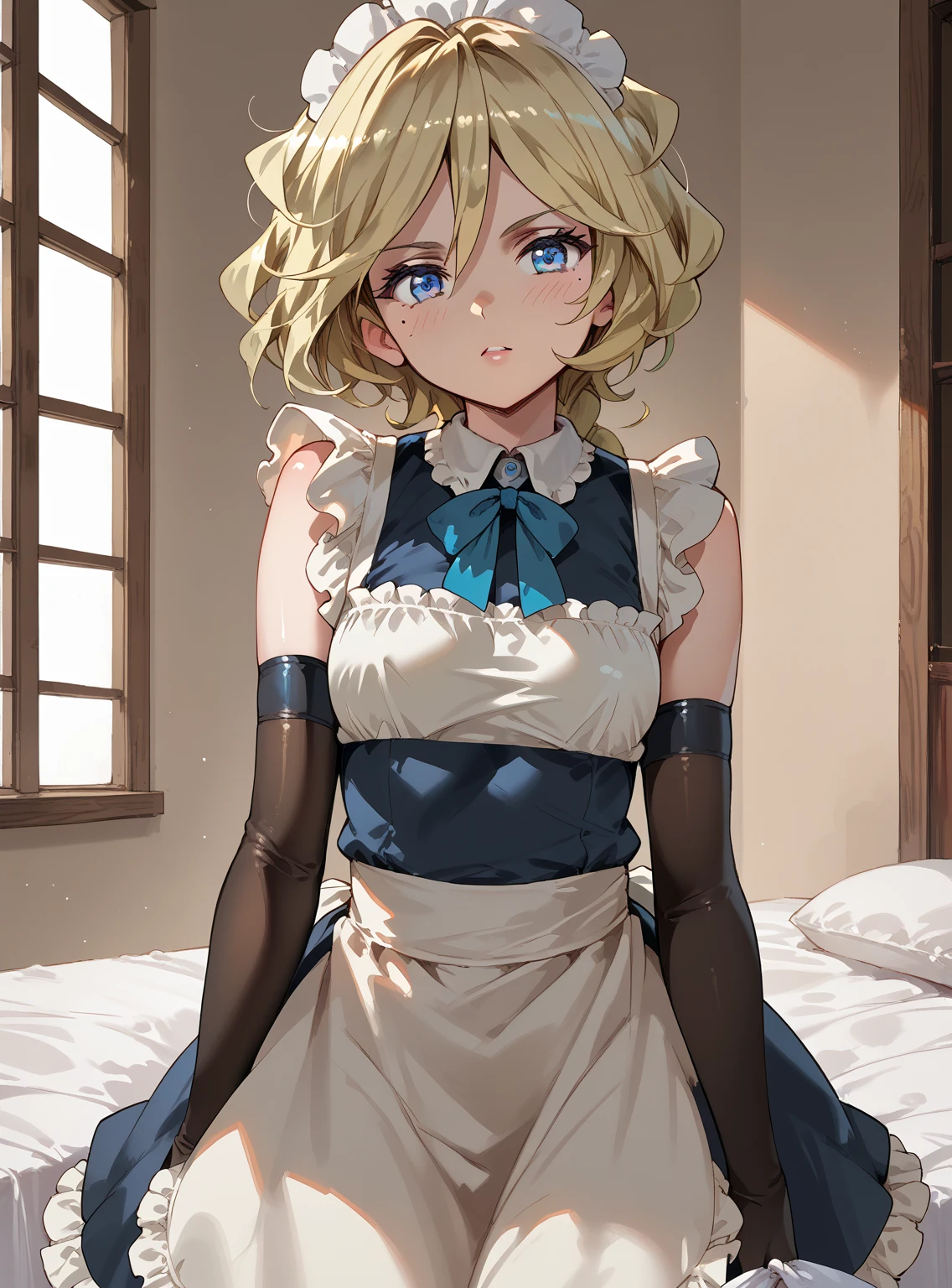 ,　Carol casual ,Blonde,  goodid, mole,  blue eyes,  shiny hair,   elbow gloves ，  good、Maid