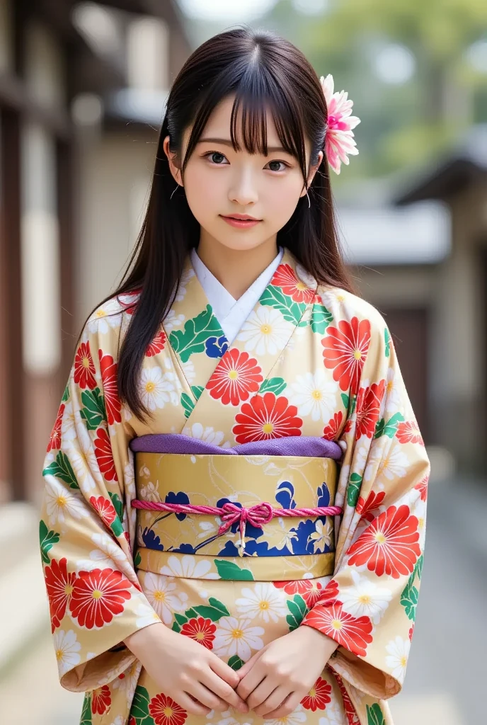 A lovely and pretty young Japanese woman in a colorful kimono offers prayers at a Japanese temple, (masterpiece, best quality 1.4), (8k, RAW photo:1.2), (realistic, photo realistic:1.4), ultra-high resolution, (high-definition 8K wallpaper), portrait, sweet smile, bokeh background, (kimono, koshiobi, kanzashi, tabi, hakama:1.2), (daytime New Year celebration).