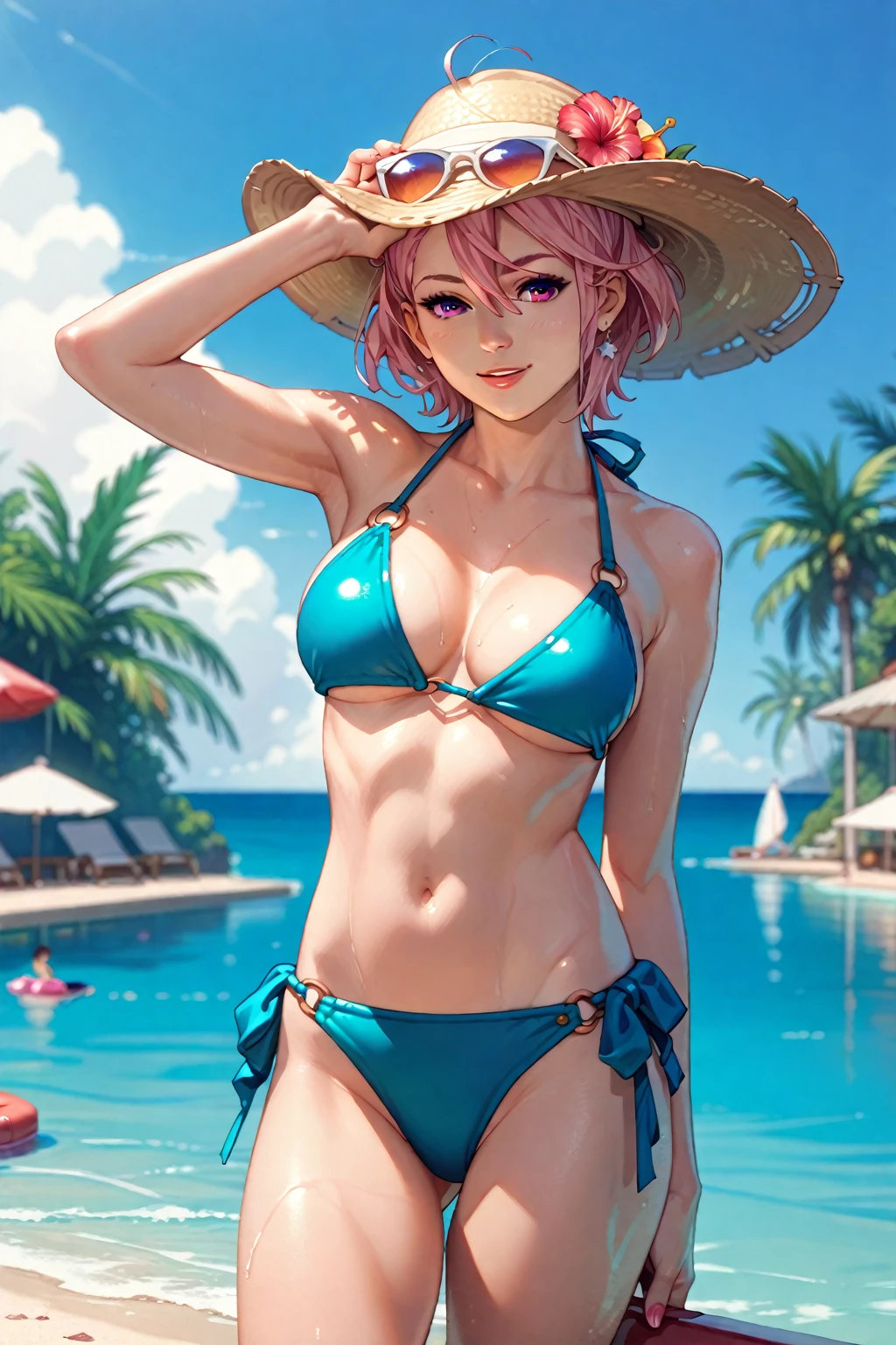 haruno sakura,forehead mark,red hairband.bangs, jacket, pink jacket, jewelry, blush, breasts, open jacket,realistic, selfie, 1girl, white hair, blue eyes, parted lips, blush, makeup, light smile, bikini, beach, sweat, wet, light rays, glow, thighs, collarbone, narrow waist, (masterpiece), wallpaper,