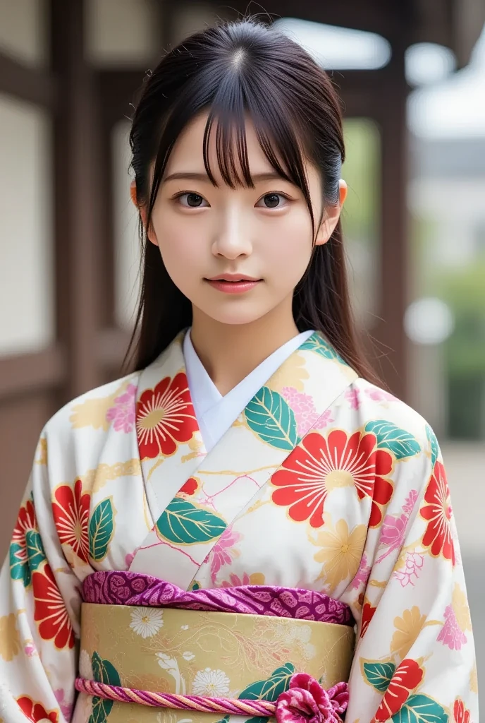 A youthful and gorgeous young Japanese woman with a traditional hairstyle, wearing a sophisticated kimono, poses at a shrine gate, (masterpiece, best quality 1.4), (8k, RAW photo:1.2), (realistic, photo realistic:1.4), ultra-high resolution, (high-definition 8K wallpaper), detailed facial features, radiant skin, soft focus, (kimono, nagajuban, obijime, zori, sensu:1.2), (daytime temple visit).