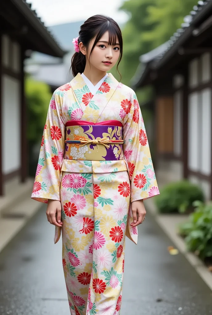 A stunning and charming young Japanese woman in a patterned kimono walks towards a Japanese shrine, (masterpiece, best quality 1.4), (8k, RAW photo:1.2), (realistic, photo realistic:1.4), ultra-high resolution, (high-definition 8K wallpaper), beautiful big eyes, detailed hair, dynamic lighting, edge depth, (kimono, haori, obimakura, geta, kiseru:1.2), (daytime festive atmosphere).