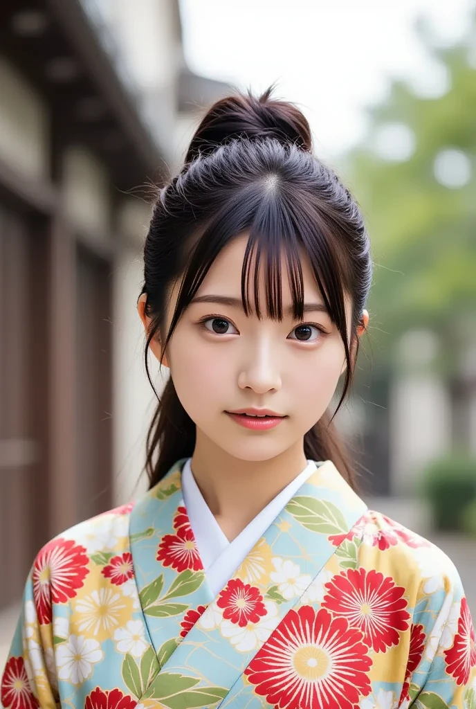 A stunning and charming young Japanese woman in a patterned kimono walks towards a Japanese shrine, (masterpiece, best quality 1.4), (8k, RAW photo:1.2), (realistic, photo realistic:1.4), ultra-high resolution, (high-definition 8K wallpaper), beautiful big eyes, detailed hair, dynamic lighting, edge depth, (kimono, haori, obimakura, geta, kiseru:1.2), (daytime festive atmosphere).