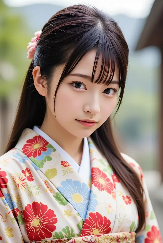 A radiant and adorable young Japanese woman wearing a silk kimono, bows her head in prayer at a Japanese shrine, (masterpiece, best quality 1.4), (8k, RAW photo:1.2), (realistic, photo realistic:1.4), ultra-high resolution, (high-definition 8K wallpaper), serene expression, gentle lighting, slightly blurred background, (kimono, fukuro obi, uchiwa, waraji, kushi:1.2), (daytime New Year's tradition).