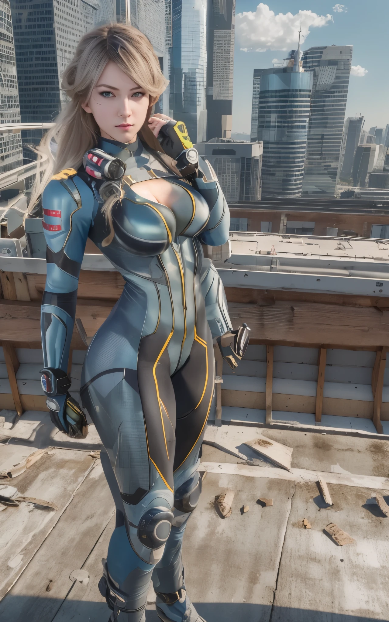 Eine knallharte, Muscular 21-year-old woman in tiny matte blue doom naval armor with big breasts and a gigantic futuristic rifle, Gang durch den Flur einer futuristischen Raumstation, explosionen, Aktion, rennen, shooting, shoot