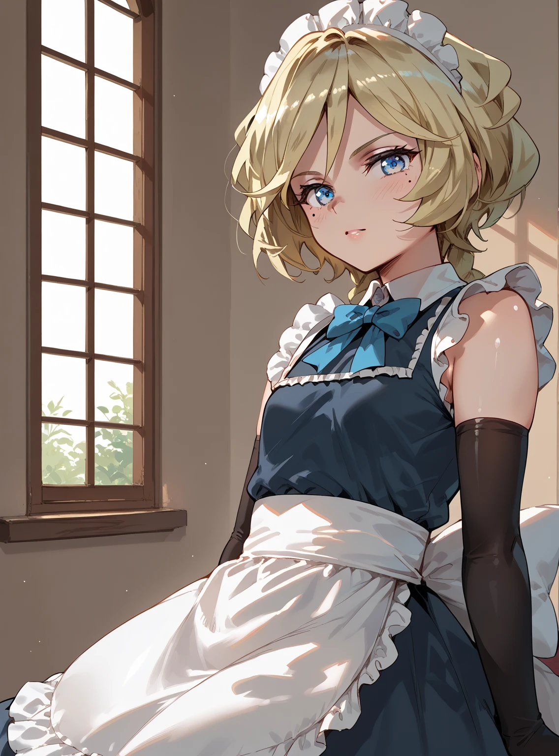 ,　Petite,Carol casual ,Blonde,  goodid, mole,  blue eyes,  shiny hair,   elbow gloves ，  good、Maid