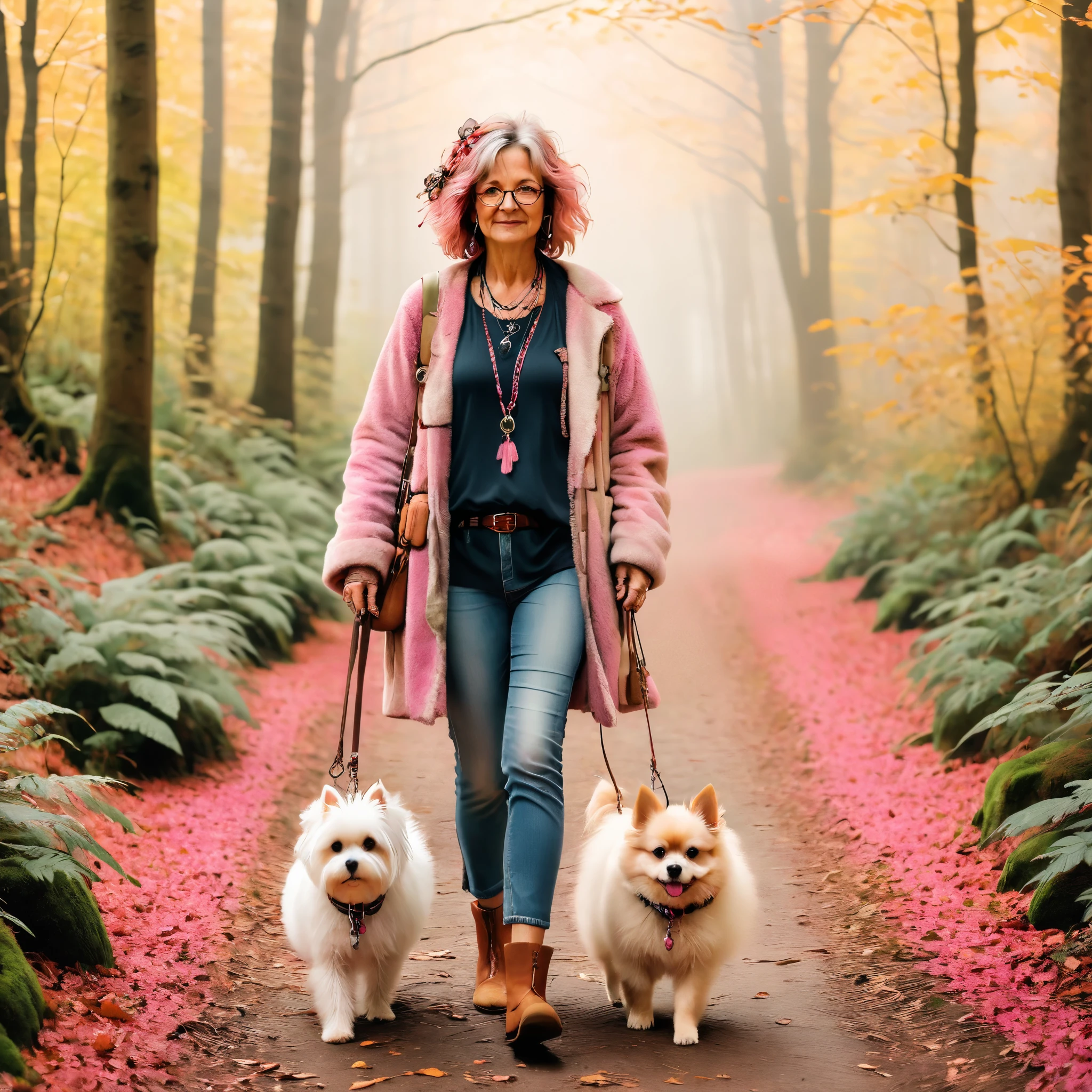 A middle age woman with a small fluffly pink dog, hippie chic style, walking in a forest, autumn foliage, light filtering through the trees, slightly foggy atmosphere, nostalgic feeling, warm tones palette.