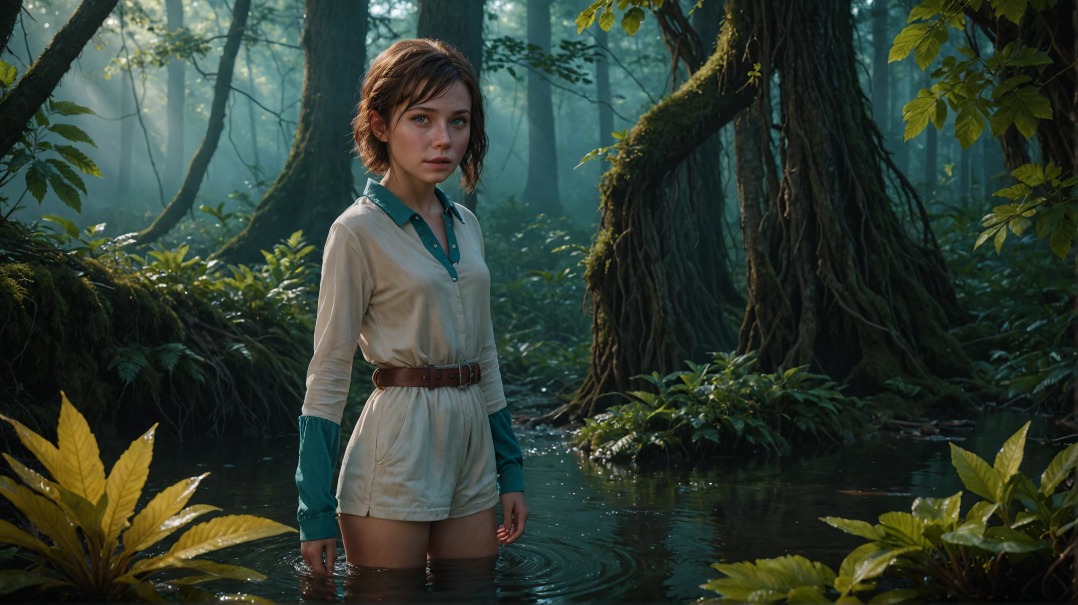 Alison Brie, Lush rainforest hiking expedition, 25yo woman, very short brunette hair, (purple button down shirt), wetshirt, micro shorts, (khaki shorts), backpack, dense rain forest, midday, (ultra detailed face and eyes):1.3, 8k,adventurous trek,green foliage,natural explorer,high-quality jungle scene,vibrant ecosystem,high-definition,exotic,serene nature,clear lighting,wild and untouched,adventurous,refreshing.,cinematic film still of masterpiece,Hyperrealistic, cinematic film still photography