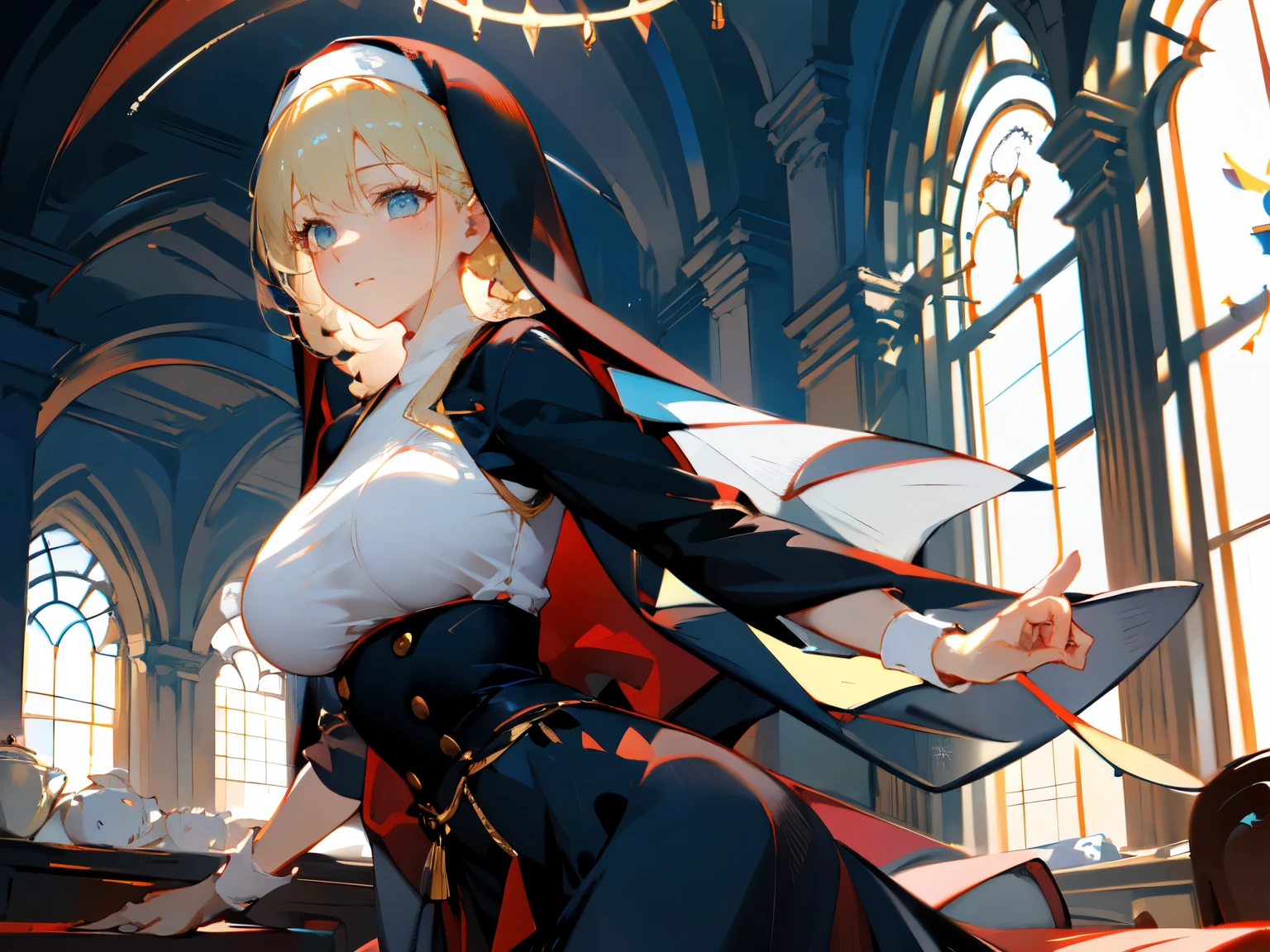 ((master piece)), best quality, (8k, best quality, masterpiece:1.2), ultra-detailed, illustration, female, nun, beauty, perfect face, perfect hair, veil, waist, breast, blonde, sensual, indoor, Braid, Baroque, Backlighting, God Rays, 