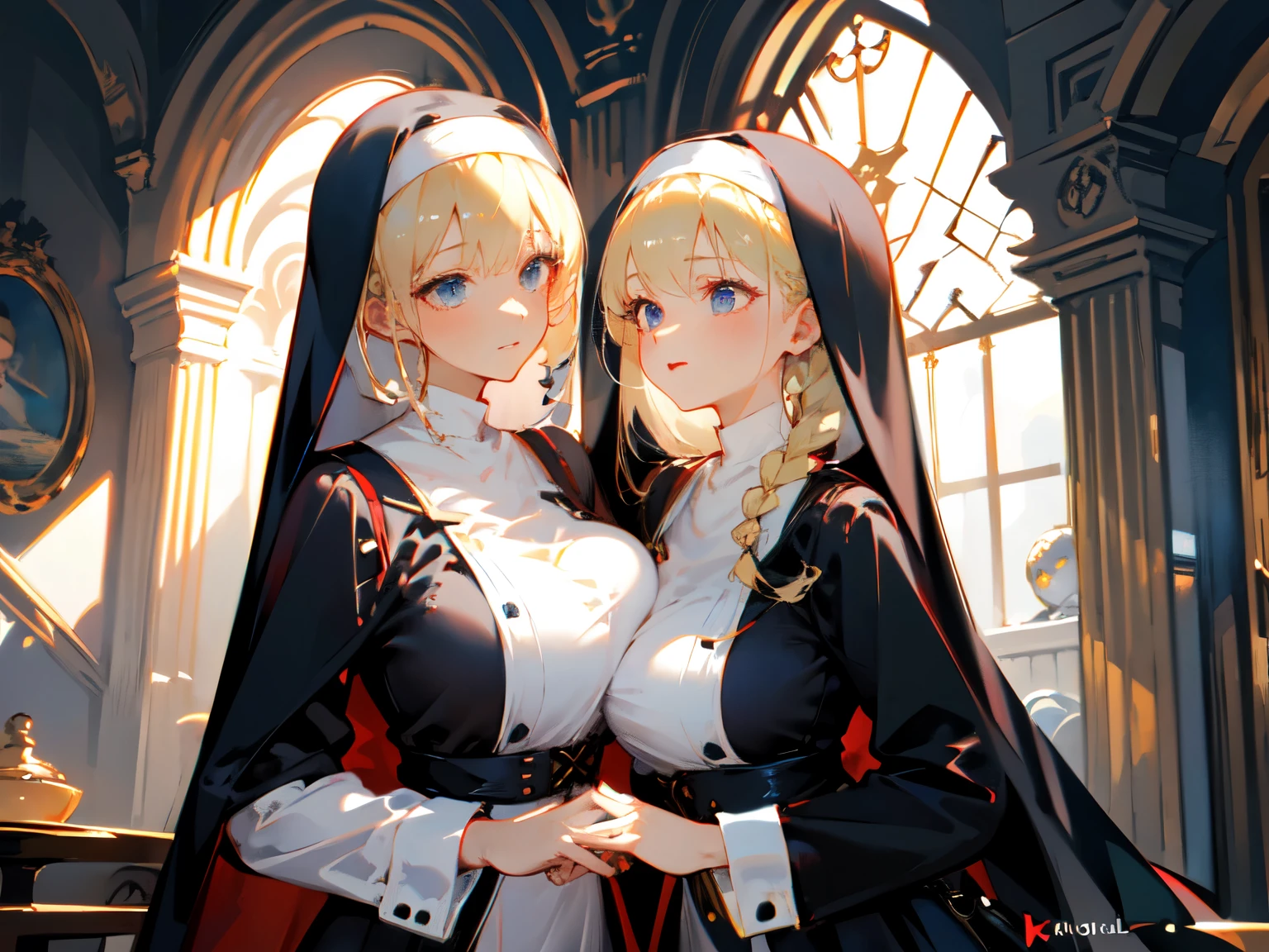 ((master piece)), best quality, (8k, best quality, masterpiece:1.2), ultra-detailed, illustration, female, nun, beauty, perfect face, perfect hair, veil, waist, breast, blonde, sensual, indoor, Braid, Baroque, Backlighting, God Rays, 