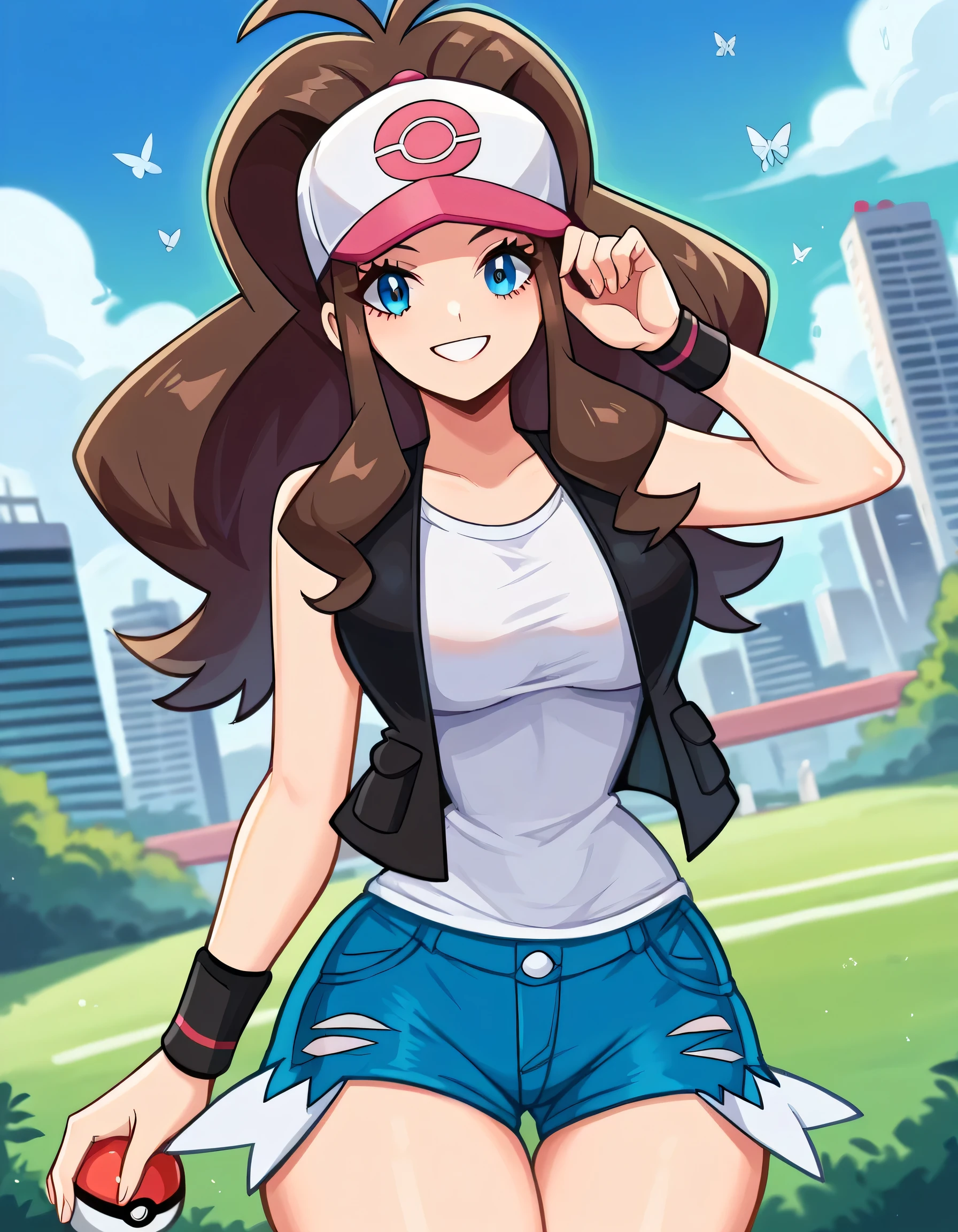 score_9, score_8_up, score_7_up, source_anime,
pokemonhilda, pokemonhilda, blue eyes, brown hair, long hair, ponytail, smile,
baseball cap, blue shorts, denim, hat, shorts, vest, wristband, sleeveless, black vest, white shirt, shirt,
outdoors, cityscape,
looking at viewer, dutch angle, cowboy shot, sexy, busty, bug boobs, tiny waist, sexy hips, hourglass figure, perfect body, 