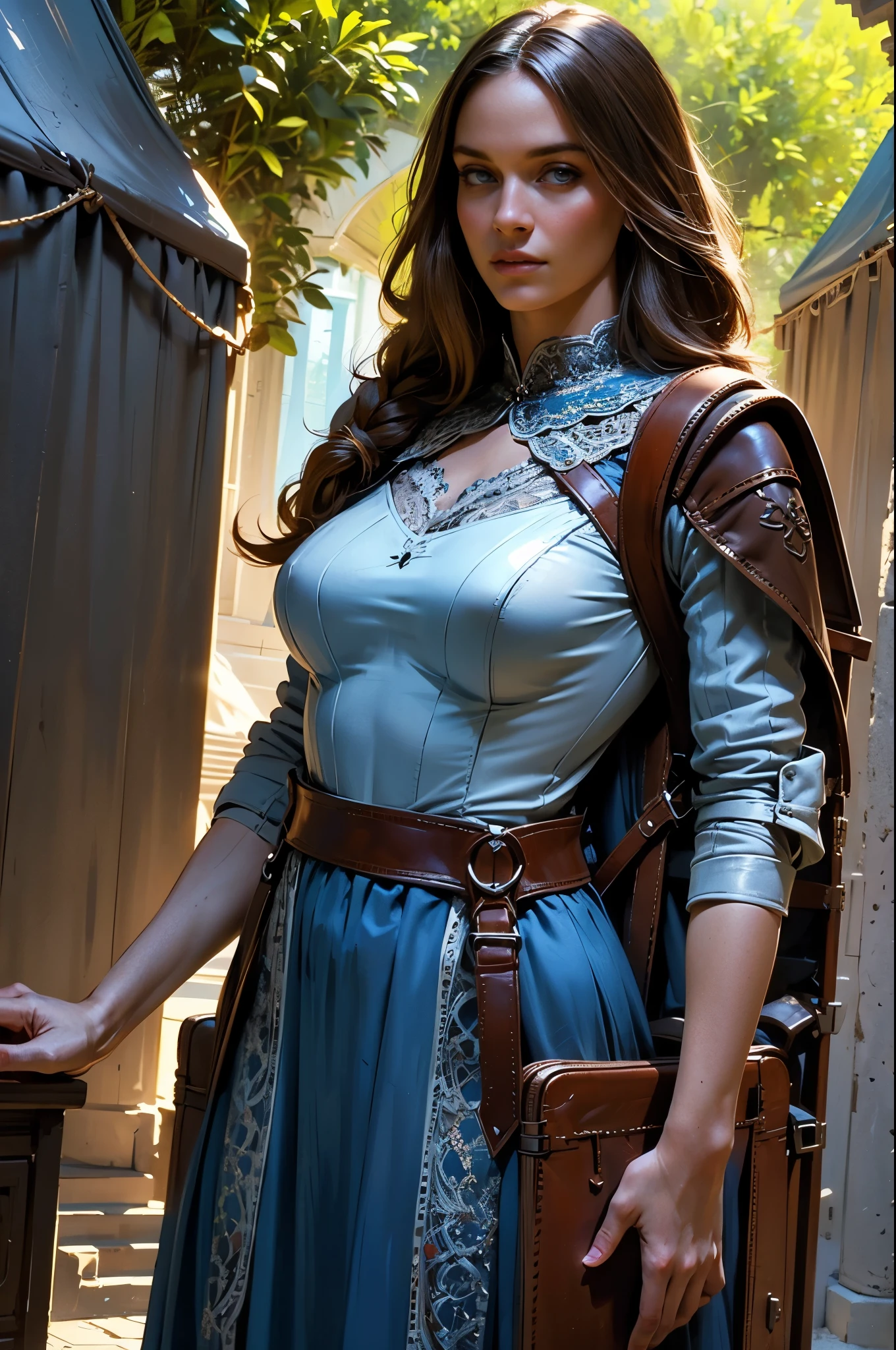 (masterpiece), (top-quality), (realistic:1.5), (((cg illustration))), (((3/4 body shot))), (((young brunette sorcerer))), Hazel Moore, beautiful face, ((detailed face)), (detailed hands), looks forward, innocent expression, (braided hair), ((detailed eyes)), ((perfect eyes)), slim waist, wide hips, (((big natural breast))), (((lace blue dress with red accents))), leather pants, (cloak), bracelets, gloves, (silver lace collar), (slightly pointed ears), tomes, (((leather backpack))), ((uncropped hair)), ((uncropped head)), ((uncropped hands)). The sunlight filters with a soft lighting, creating a spotlight effect on her face, while her lower body is softly shadowed. The scene is set around a tent, creating a detailed and immersive background. Rendered in ((fantasy style)), 8k resolution, ((highest quality)), (((high resolution))), (ultra resolution), and super detailed focus on the face, creating a visually stunning image.