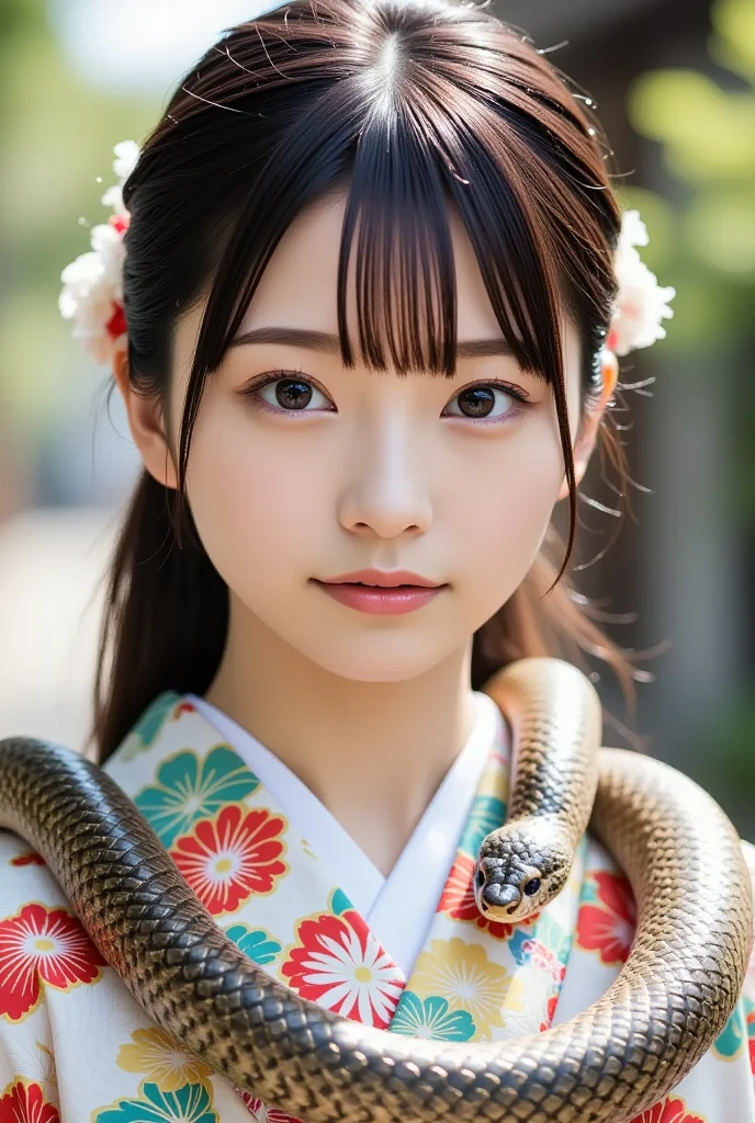 A cute and beautiful young Japanese woman with a gentle smile, wearing a beautiful kimono, has a large snake coiled around her neck like a scarf, (masterpiece, best quality 1.4), (8k, RAW photo:1.2), (realistic, photo realistic:1.4), ultra-high resolution, (high-definition 8K wallpaper), detailed face and eyes, big beautiful eyes, soft lighting, dynamic angle, (kimono, obi, hair ornaments, snake scarf:1.2), (daytime mystical atmosphere).