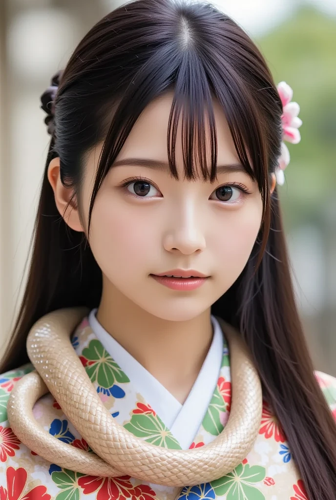 A cute and beautiful young Japanese woman with a gentle smile, wearing a beautiful kimono, has a large snake coiled around her neck like a scarf, (masterpiece, best quality 1.4), (8k, RAW photo:1.2), (realistic, photo realistic:1.4), ultra-high resolution, (high-definition 8K wallpaper), detailed face and eyes, big beautiful eyes, soft lighting, dynamic angle, (kimono, obi, hair ornaments, snake scarf:1.2), (daytime mystical atmosphere).