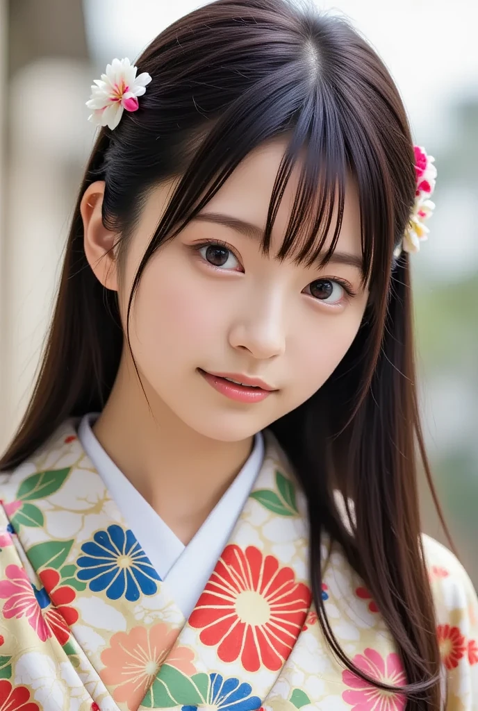 A lovely and pretty young Japanese woman in a colorful kimono, a friendly snake gently wraps around her neck, (masterpiece, best quality 1.4), (8k, RAW photo:1.2), (realistic, photo realistic:1.4), ultra-high resolution, (high-definition 8K wallpaper), portrait, sweet smile, bokeh background, (kimono, koshiobi, kanzashi, snake necklace:1.2), (daytime fantastical scene).