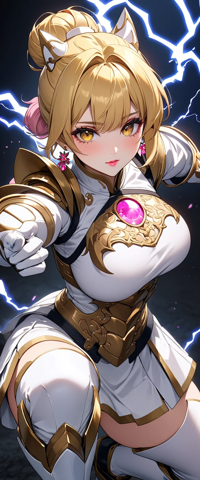 ( perfect anatomy )、 master piece、 ultra high quality 、 8k、masterpiece、 top quality 、Super high resolution、Maximum resolution、 very detailed 、 professional lighting、anime、woman、thin、 very beautiful、Highly detailed eyes、 very detailed face 、 Golden Earrings 、Blonde, bun, Yellow Eyes、 Detailed Armor Patterns 、Big breasts,  makeup, eyeliner, eye shadow, pink cheek, pink lips, goddess armor, white open mini skirt , full body, gold pattern, white super long boots, white long gloves, female martial artist, high heels, white clawed gauntlets, white cute headgear, gold knee armor, random pose, Striking with magical lightning