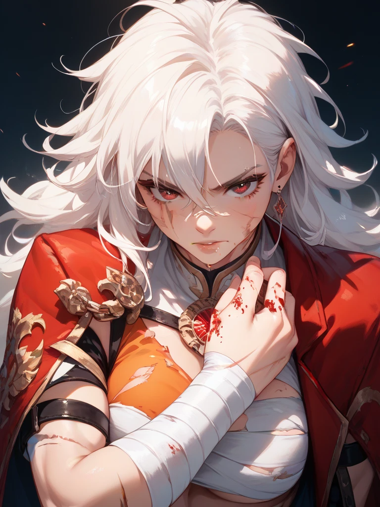 White-haired girl full of scars red eyes bandages covering her body defiant look unmuscular body blood-stained fists long broken viata desde la cintura