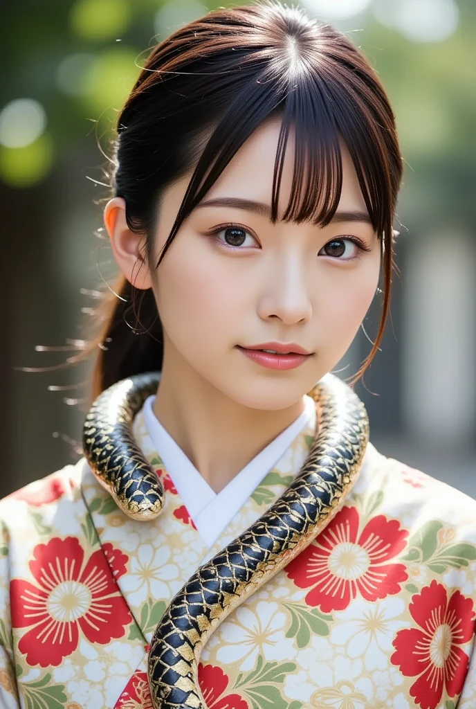 A youthful and gorgeous young Japanese woman with a traditional hairstyle, wearing a sophisticated kimono, a magnificent serpent is gracefully draped around her neck, (masterpiece, best quality 1.4), (8k, RAW photo:1.2), (realistic, photo realistic:1.4), ultra-high resolution, (high-definition 8K wallpaper), detailed facial features, radiant skin, soft focus, (kimono, nagajuban, obijime, snake shawl:1.2), (daytime enchanting moment).