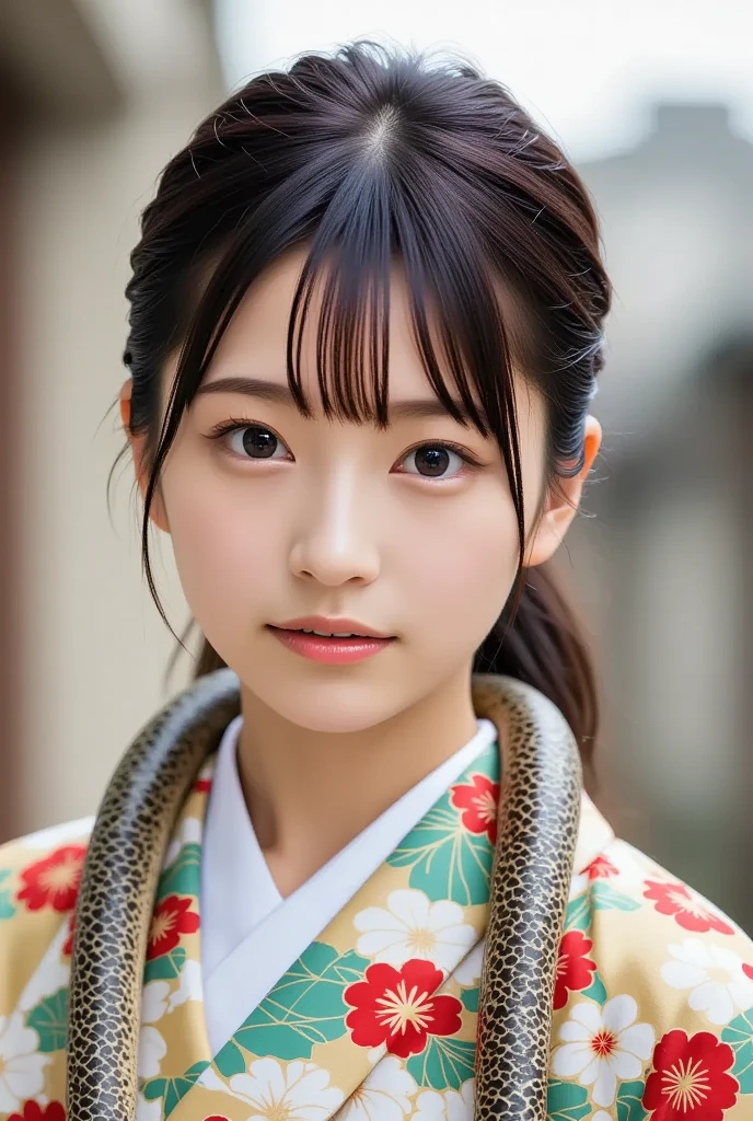 A youthful and gorgeous young Japanese woman with a traditional hairstyle, wearing a sophisticated kimono, a magnificent serpent is gracefully draped around her neck, (masterpiece, best quality 1.4), (8k, RAW photo:1.2), (realistic, photo realistic:1.4), ultra-high resolution, (high-definition 8K wallpaper), detailed facial features, radiant skin, soft focus, (kimono, nagajuban, obijime, snake shawl:1.2), (daytime enchanting moment).