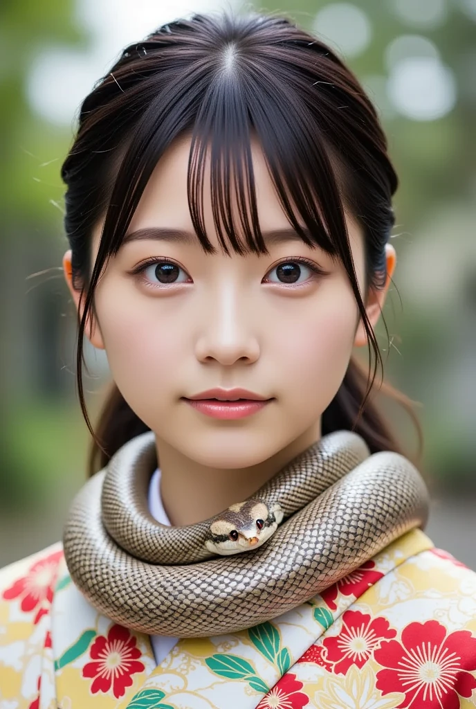 A stunning and charming young Japanese woman in a patterned kimono, a long snake is comfortably coiled around her neck as if it were a muffler, (masterpiece, best quality 1.4), (8k, RAW photo:1.2), (realistic, photo realistic:1.4), ultra-high resolution, (high-definition 8K wallpaper), beautiful big eyes, detailed hair, dynamic lighting, edge depth, (kimono, haori, obimakura, snake wrap:1.2), (daytime magical realism).