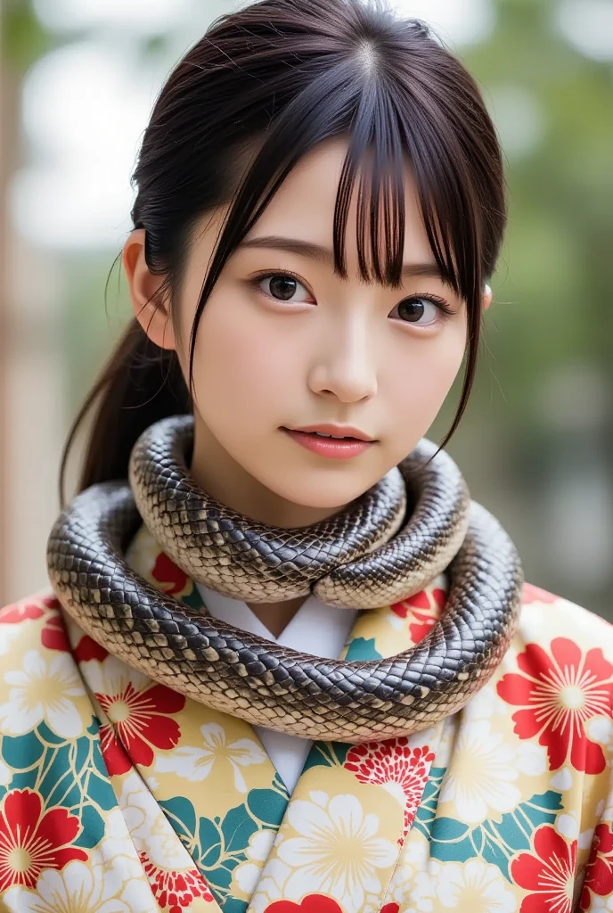 A stunning and charming young Japanese woman in a patterned kimono, a long snake is comfortably coiled around her neck as if it were a muffler, (masterpiece, best quality 1.4), (8k, RAW photo:1.2), (realistic, photo realistic:1.4), ultra-high resolution, (high-definition 8K wallpaper), beautiful big eyes, detailed hair, dynamic lighting, edge depth, (kimono, haori, obimakura, snake wrap:1.2), (daytime magical realism).