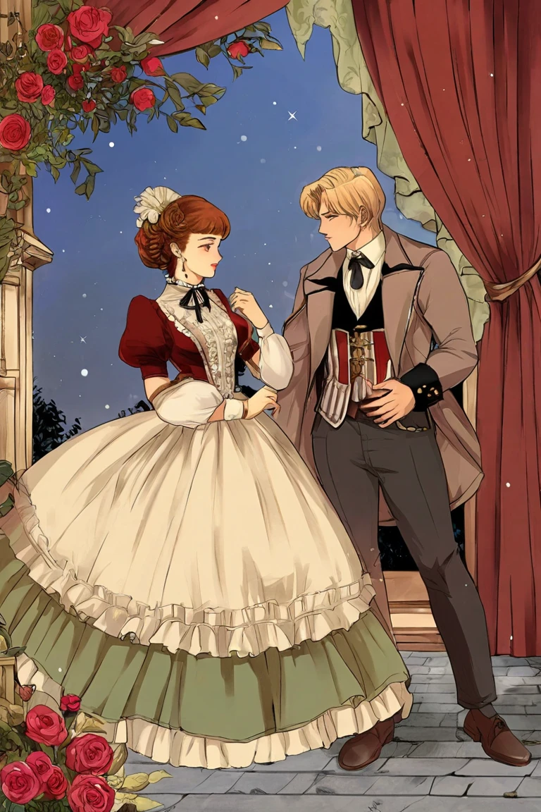 Draw women and man in Victorian style, love, vintage, manhwa. Man is polic