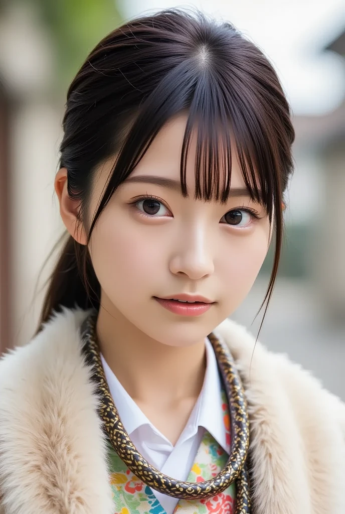 A radiant and adorable young Japanese woman wearing a silk kimono, a beautiful snake is coiled gently around her neck, almost like a fur stole, (masterpiece, best quality 1.4), (8k, RAW photo:1.2), (realistic, photo realistic:1.4), ultra-high resolution, (high-definition 8K wallpaper), serene expression, gentle lighting, slightly blurred background, (kimono, fukuro obi, uchiwa, snake accessory:1.2), (daytime dreamlike setting).