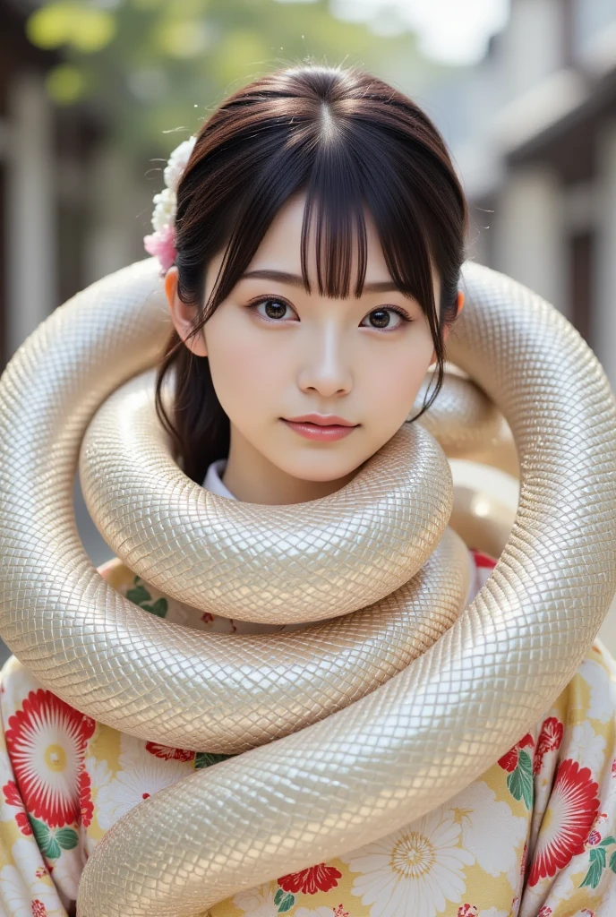 A cute and beautiful young Japanese woman with a gentle smile, wearing a beautiful kimono, has a large snake coiled around her neck like a scarf, (masterpiece, best quality 1.4), (8k, RAW photo:1.2), (realistic, photo realistic:1.4), ultra-high resolution, (high-definition 8K wallpaper), detailed face and eyes, big beautiful eyes, soft lighting, dynamic angle, (kimono, obi, hair ornaments, snake scarf:1.2), (daytime mystical atmosphere).