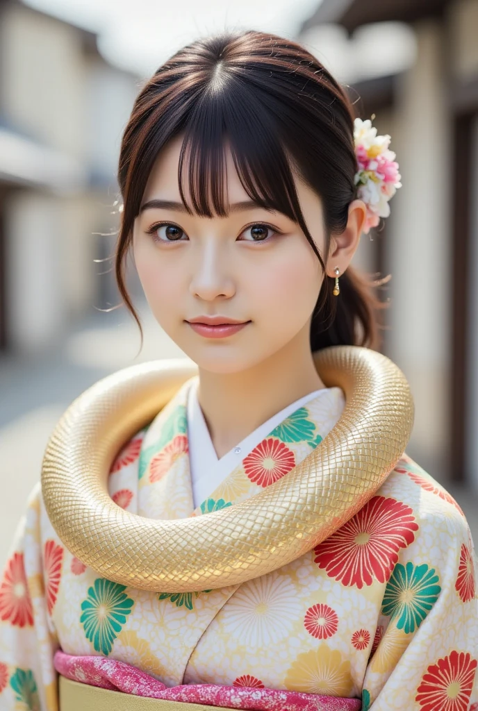 A lovely and pretty young Japanese woman in a colorful kimono, a friendly snake gently wraps around her neck, (masterpiece, best quality 1.4), (8k, RAW photo:1.2), (realistic, photo realistic:1.4), ultra-high resolution, (high-definition 8K wallpaper), portrait, sweet smile, bokeh background, (kimono, koshiobi, kanzashi, snake necklace:1.2), (daytime fantastical scene).