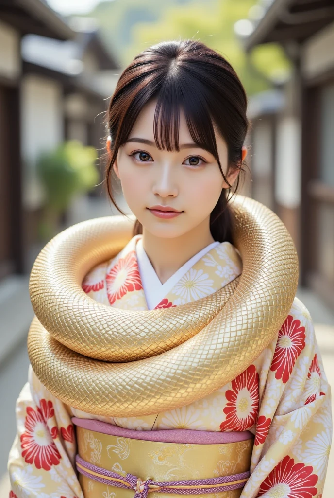 A youthful and gorgeous young Japanese woman with a traditional hairstyle, wearing a sophisticated kimono, a magnificent serpent is gracefully draped around her neck, (masterpiece, best quality 1.4), (8k, RAW photo:1.2), (realistic, photo realistic:1.4), ultra-high resolution, (high-definition 8K wallpaper), detailed facial features, radiant skin, soft focus, (kimono, nagajuban, obijime, snake shawl:1.2), (daytime enchanting moment).