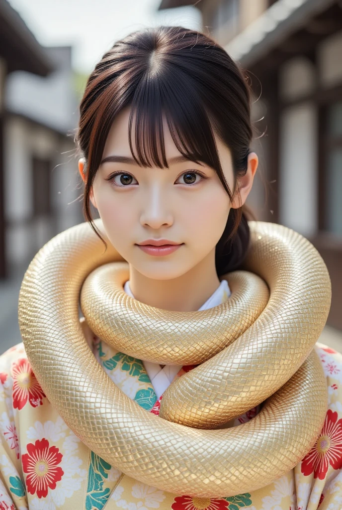 A stunning and charming young Japanese woman in a patterned kimono, a long snake is comfortably coiled around her neck as if it were a muffler, (masterpiece, best quality 1.4), (8k, RAW photo:1.2), (realistic, photo realistic:1.4), ultra-high resolution, (high-definition 8K wallpaper), beautiful big eyes, detailed hair, dynamic lighting, edge depth, (kimono, haori, obimakura, snake wrap:1.2), (daytime magical realism).