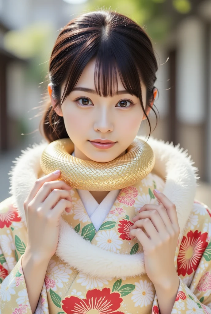 A radiant and adorable young Japanese woman wearing a silk kimono, a beautiful snake is coiled gently around her neck, almost like a fur stole, (masterpiece, best quality 1.4), (8k, RAW photo:1.2), (realistic, photo realistic:1.4), ultra-high resolution, (high-definition 8K wallpaper), serene expression, gentle lighting, slightly blurred background, (kimono, fukuro obi, uchiwa, snake accessory:1.2), (daytime dreamlike setting).