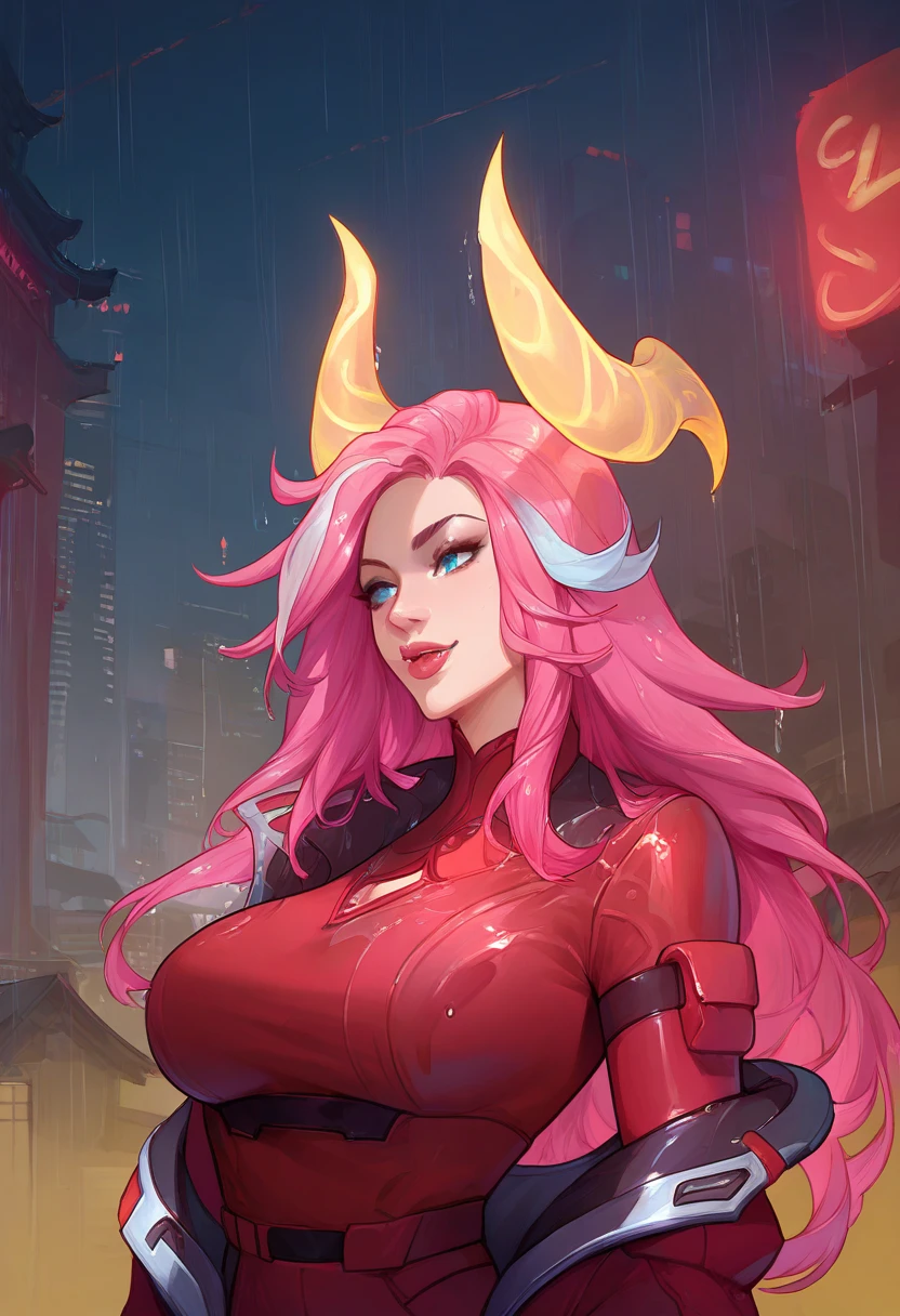 score_9, score_8_up, score_7_up, yellow glowing horns, blue eyes, 1girl, ultra detailed, city lights, large breasts, long hair, rain, neon lights, wet, pink hair,