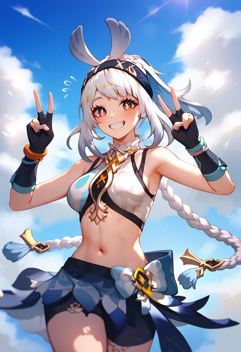 <lora:CheerleaderCL-16:0.8>, CheerleaderCL, pom_pom_(cheerleading), holding pom poms, ponytail, miniskirt, crop top, <lora:WinterLudmilla-13:0.8>, WnterLudmilla, best quality, masterpiece, highres