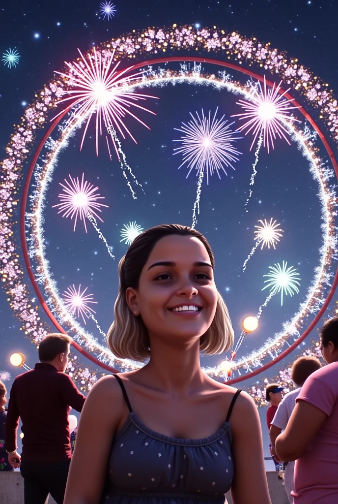 1 smiling girl with pixie colored hair cut. Imagine a festive New Year's scene where fireworks light up the night sky with vibrant colors and bursts of light. In the center of the image, there is a written phrase "Feliz ano novo!!" and "Feliz 2025" in the capital font, and "@artesanaturestore" write in cursive font in left corner, represented in a subtle and humorous way. The image shows a circle decorated with festive elements, such as confetti and streamers, symbolizing the passing of the year. Around the circle, small fireworks explode, creating a spectacle of lights and fireworks. The expression on the faces of the people around is one of joy and celebration, reflecting the festive spirit of the New Year. The idea is to convey a message of renewal and new beginnings, with a touch of light and fun humor, without being explicit or vulgar. The image plays with the idea of leaving the old behind and embracing the new, in a way that makes people smile and have fun.