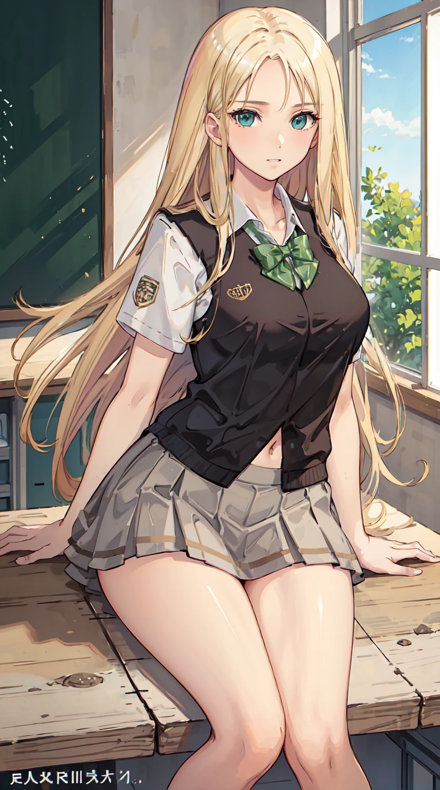 blonde hair, long hair, green eyes, happy, school uniform, short skirt, medium breast, cleavage, classroom, slim legs, navel, open clothes, sitting