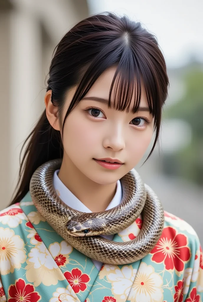 A cute and beautiful young Japanese woman with a gentle smile, wearing a beautiful kimono, has a large snake coiled around her neck like a scarf, (masterpiece, best quality 1.4), (8k, RAW photo:1.2), (realistic, photo realistic:1.4), ultra-high resolution, (high-definition 8K wallpaper), detailed face and eyes, big beautiful eyes, soft lighting, dynamic angle, (kimono, obi, hair ornaments, snake scarf:1.2), (daytime mystical atmosphere).