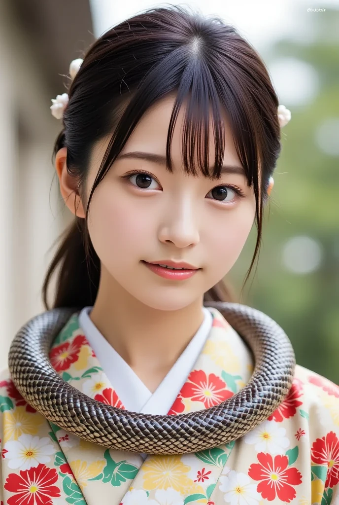 A lovely and pretty young Japanese woman in a colorful kimono, a friendly snake gently wraps around her neck, (masterpiece, best quality 1.4), (8k, RAW photo:1.2), (realistic, photo realistic:1.4), ultra-high resolution, (high-definition 8K wallpaper), portrait, sweet smile, bokeh background, (kimono, koshiobi, kanzashi, snake necklace:1.2), (daytime fantastical scene).