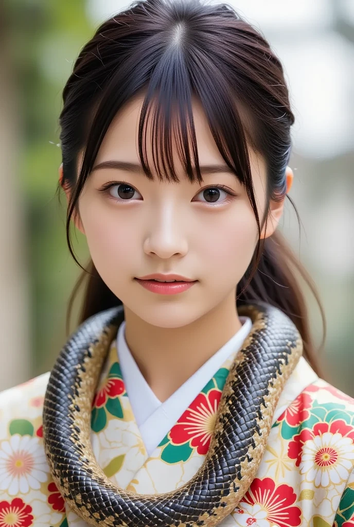 A youthful and gorgeous young Japanese woman with a traditional hairstyle, wearing a sophisticated kimono, a magnificent serpent is gracefully draped around her neck, (masterpiece, best quality 1.4), (8k, RAW photo:1.2), (realistic, photo realistic:1.4), ultra-high resolution, (high-definition 8K wallpaper), detailed facial features, radiant skin, soft focus, (kimono, nagajuban, obijime, snake shawl:1.2), (daytime enchanting moment).