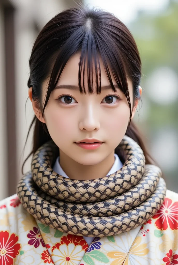 A stunning and charming young Japanese woman in a patterned kimono, a long snake is comfortably coiled around her neck as if it were a muffler, (masterpiece, best quality 1.4), (8k, RAW photo:1.2), (realistic, photo realistic:1.4), ultra-high resolution, (high-definition 8K wallpaper), beautiful big eyes, detailed hair, dynamic lighting, edge depth, (kimono, haori, obimakura, snake wrap:1.2), (daytime magical realism).