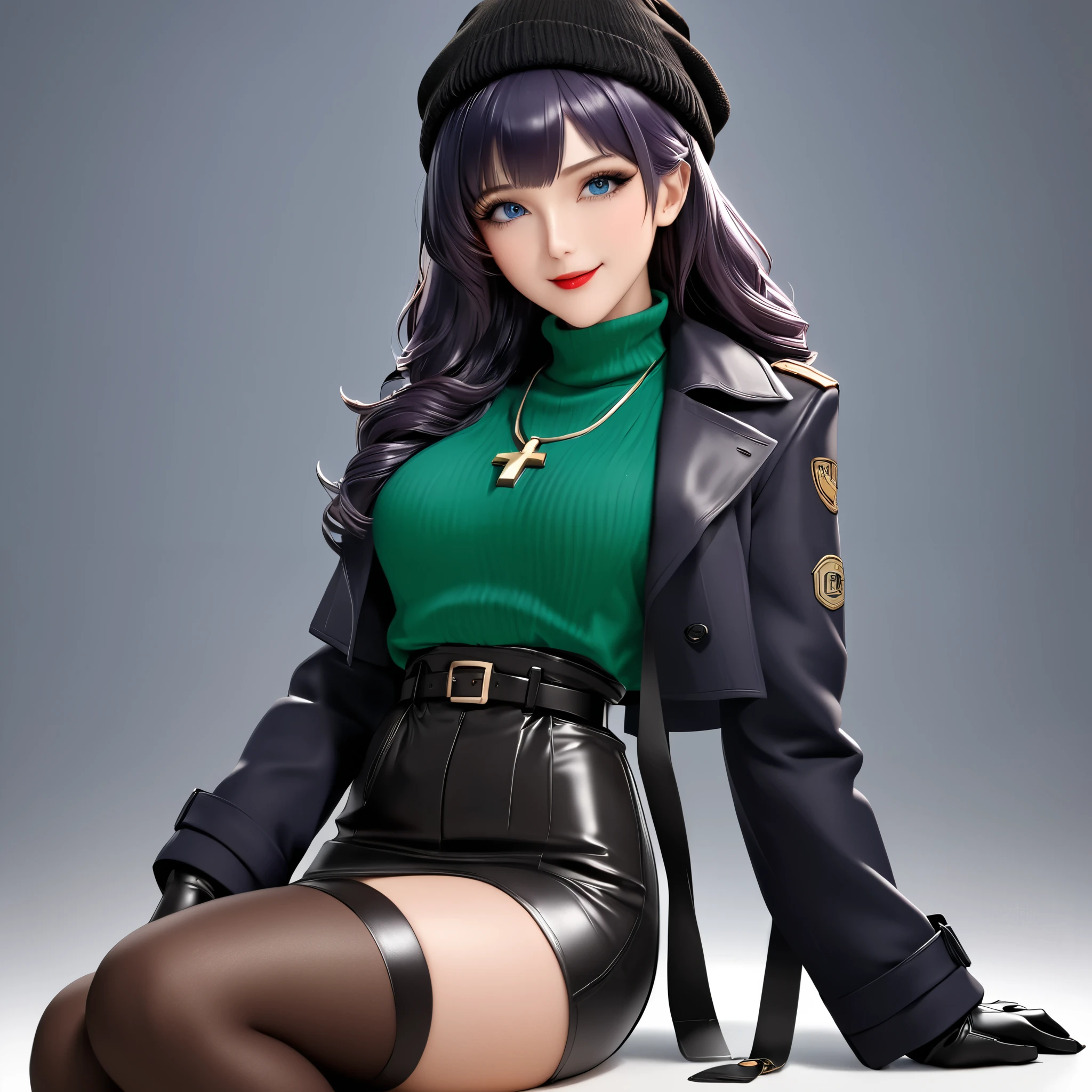portrait quality, 8k,masterpiece, CGSTATION, hyper CG style, A 8k anime drawing style, 3D rendering, INTRICATE, hyper detailed, blue eyes, dark purple hair, hair long, MISATO KATSURAGI, medium bust, shiny skin, 27 years old, a woman, navel, sensual smile, red lips, super detailed skin, super beautiful eyes, cross necklace, She is wearing a long, tight-fitting coat, the coat is wool, tied at the waist with a belt, emerald green coat. should reach just above the knees, silk blouse with a V-neckline under the coat, a velvet pencil skirt, combined with high-quality opaque tights, high-heeled suede boots in colors that match the coat, shawl cashmere, Tight leather gloves in dark tones, Knitted hat in a soft material like wool,