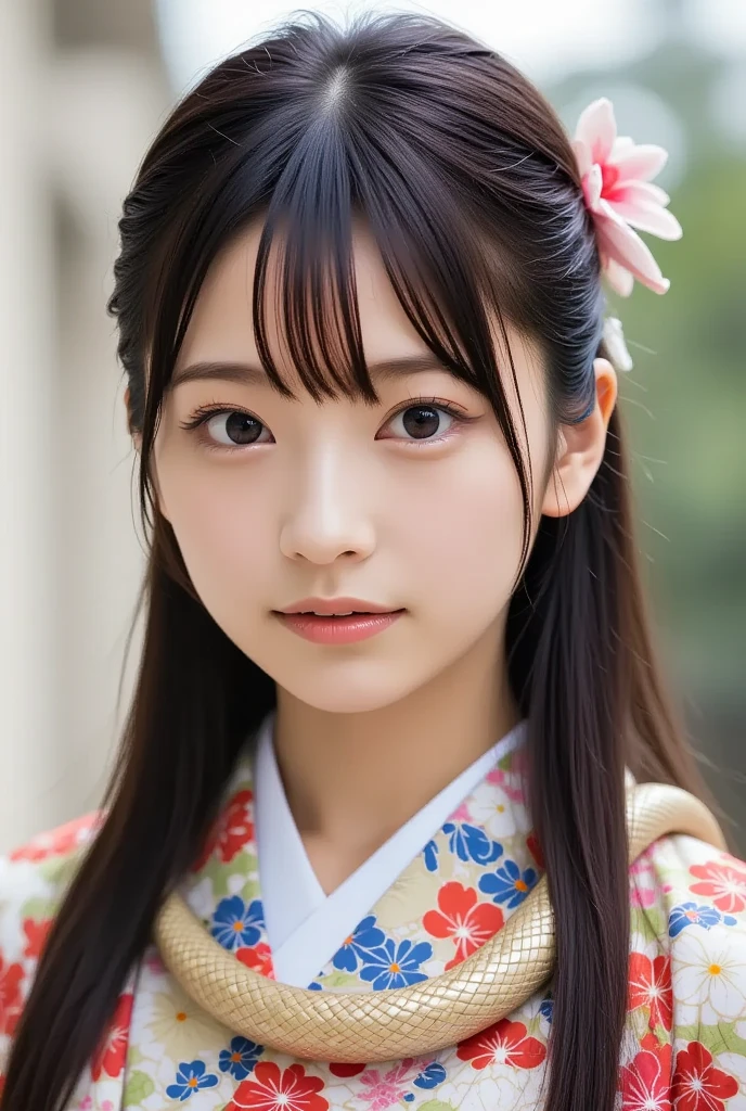 A cute and beautiful young Japanese woman with a gentle smile, wearing a beautiful kimono, has a large snake coiled around her neck like a scarf, (masterpiece, best quality 1.4), (8k, RAW photo:1.2), (realistic, photo realistic:1.4), ultra-high resolution, (high-definition 8K wallpaper), detailed face and eyes, big beautiful eyes, soft lighting, dynamic angle, (kimono, obi, hair ornaments, snake scarf:1.2), (daytime mystical atmosphere).