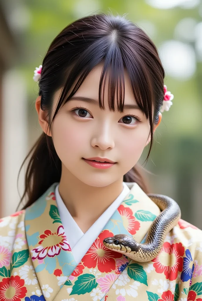 A lovely and pretty young Japanese woman in a colorful kimono, a friendly snake gently wraps around her neck, (masterpiece, best quality 1.4), (8k, RAW photo:1.2), (realistic, photo realistic:1.4), ultra-high resolution, (high-definition 8K wallpaper), portrait, sweet smile, bokeh background, (kimono, koshiobi, kanzashi, snake necklace:1.2), (daytime fantastical scene).