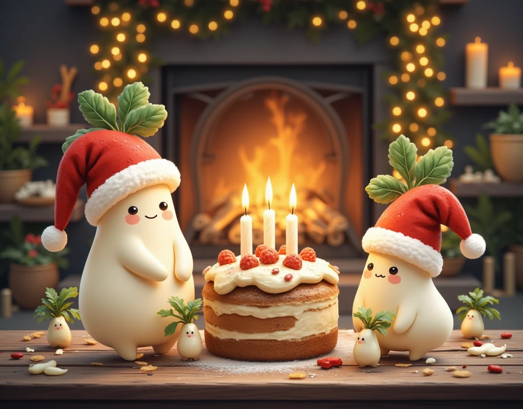 (masterpiece:1.3, top quality :1.3, detailed depiction :1.3, Amazing high definition :1.3, High Quality Anime Paintings ), Cute Fat Daikon ,  Radishes Wearing Red Santa Hats Surround the Cake,  Candles Standing on the Cake ,  in a dark room ,  Christmas decorations , Warm Fireplace 