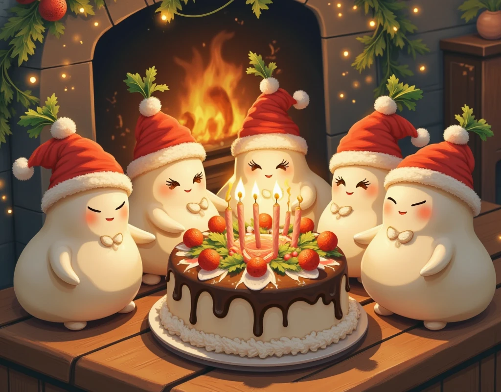 (masterpiece:1.3, top quality :1.3, detailed depiction :1.3, Amazing high definition :1.3, High Quality Anime Paintings ), Cute Fat Daikon ,  Radishes Wearing Red Santa Hats Surround the Cake,  Candles Standing on the Cake ,  in a dark room ,  Christmas decorations , Warm Fireplace 