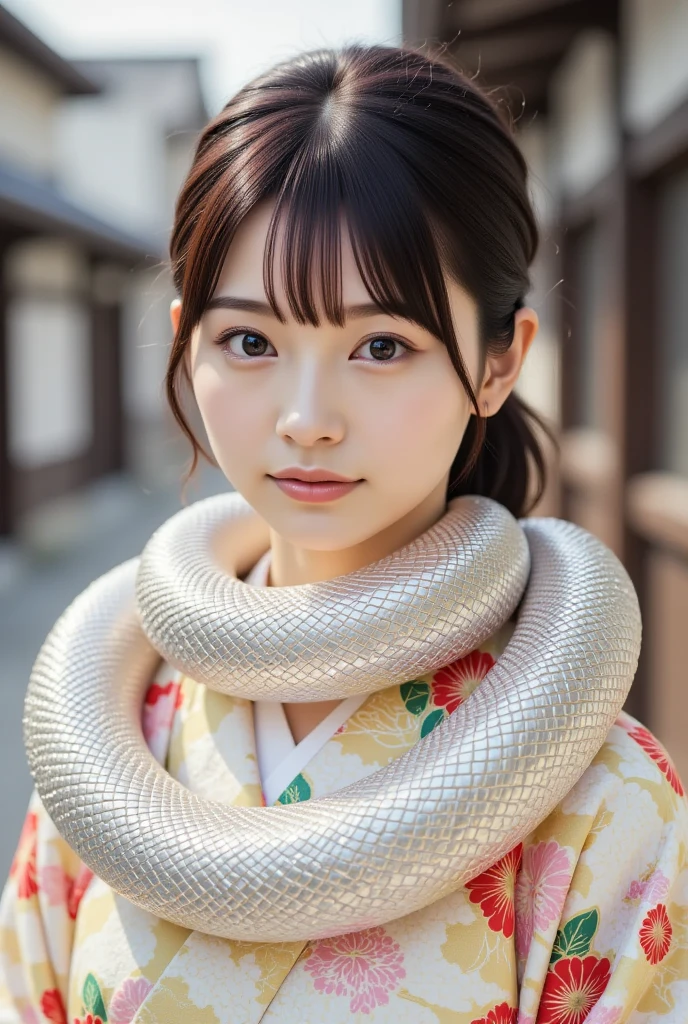 A youthful and gorgeous young Japanese woman with a traditional hairstyle, wearing a sophisticated kimono, a magnificent serpent is gracefully draped around her neck, (masterpiece, best quality 1.4), (8k, RAW photo:1.2), (realistic, photo realistic:1.4), ultra-high resolution, (high-definition 8K wallpaper), detailed facial features, radiant skin, soft focus, (kimono, nagajuban, obijime, snake shawl:1.2), (daytime enchanting moment).